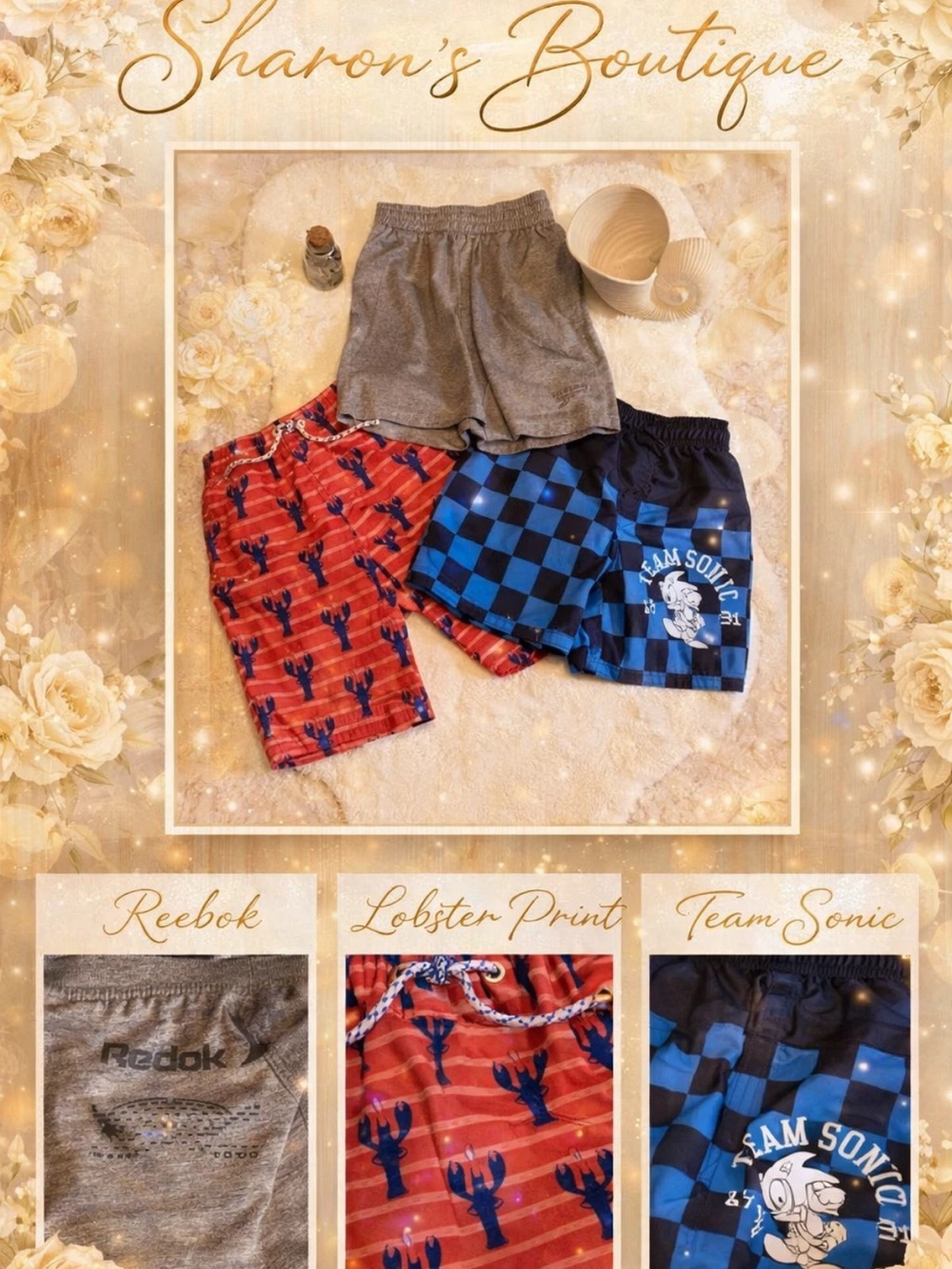 Boys Swim Trunks Bundle 4/5 Sonic Reebok Lobster Print Swim Shorts Lot 3 EUC